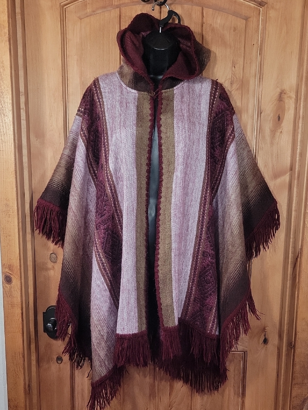 Peruvian Alpaca Hooded Fringe Knit Poncho